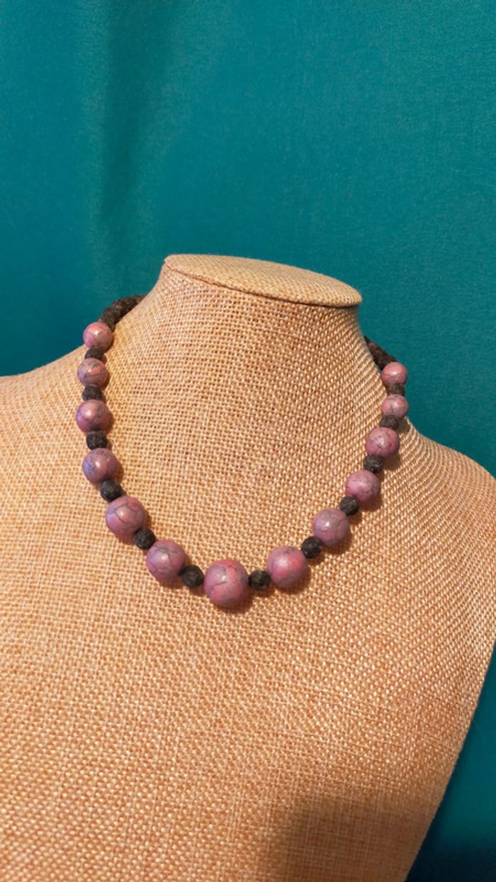 Collier vintage – Perles artisanales en pâte polymère marbrée & pierre volcanique - photo numéro 11