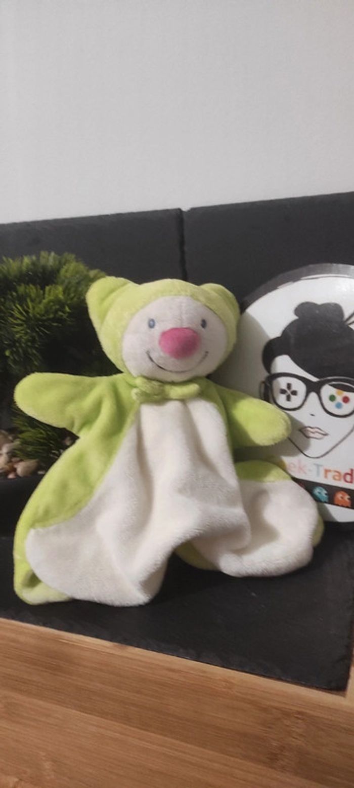 Doudou marionnette Lutin Ours vert blanc rose nez q7861 noeud Capuche Sourire