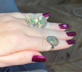 Ensemble parure bijoux doré vert kaki bague réglable bouche d’oreille