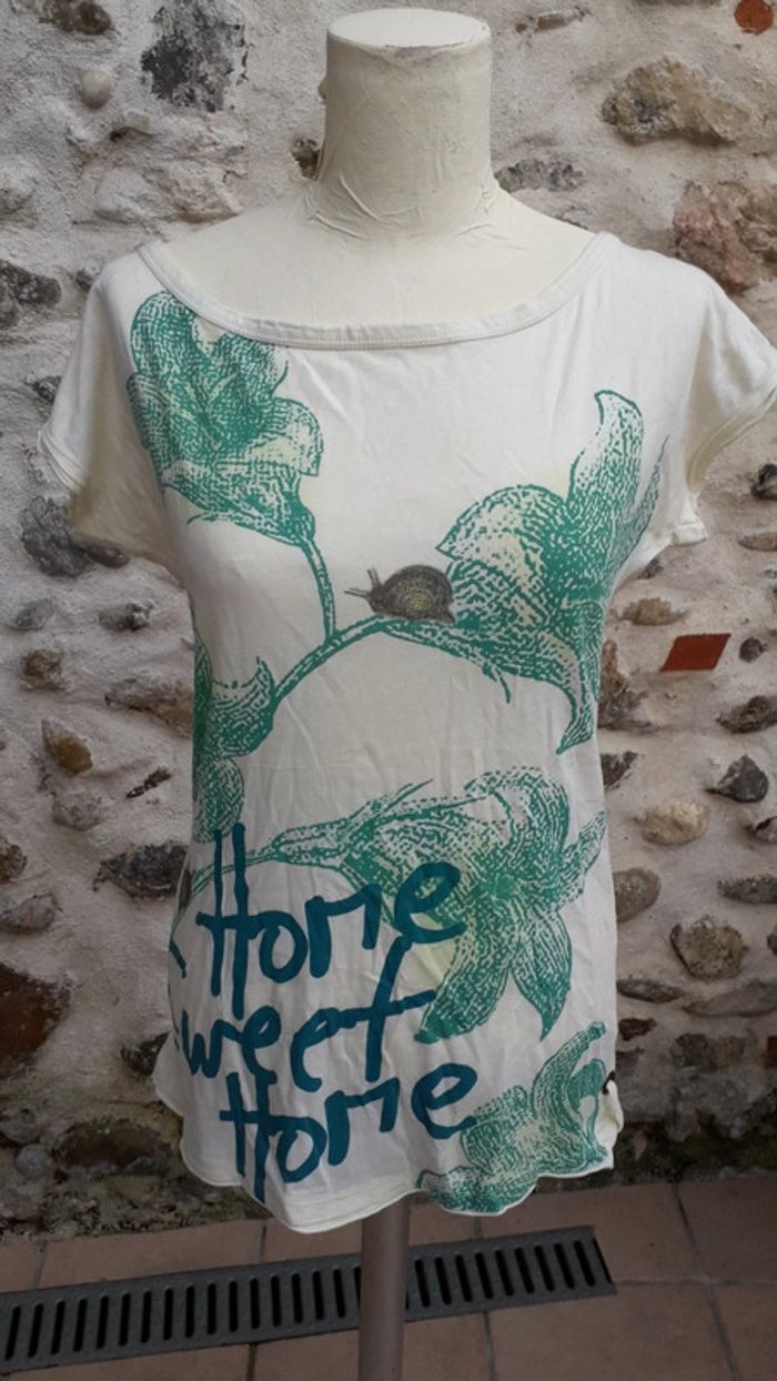 Tee-shirt en coton jaune très pâle, motifs verts