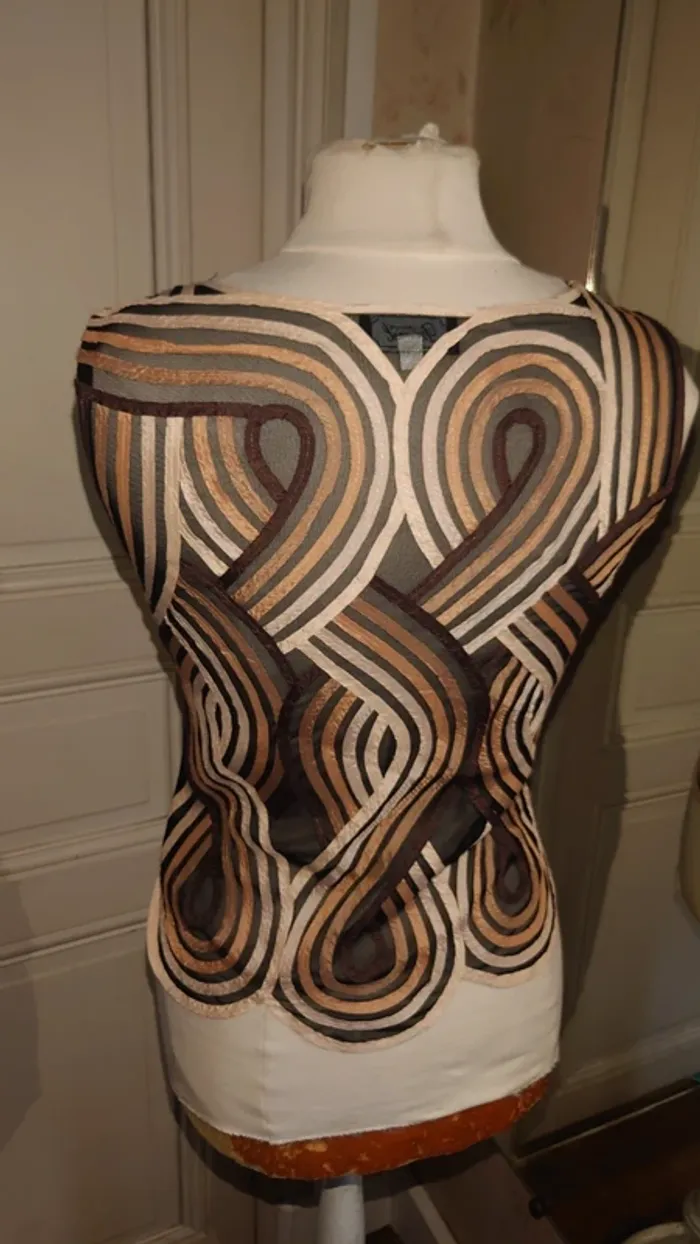 Top sans manches Doucel T.38 – Marron & beige esprit 70’s, détails résille - photo numéro 6