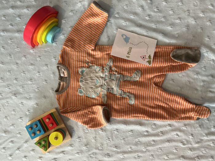 pyjama grenouillère en velours rayé orange et gris 6 mois kitchoun - photo numéro 2