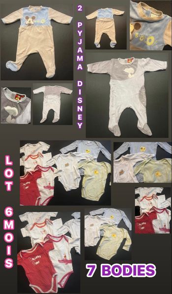 Lot bébé 6 mois 7Bodies + 2 pyjamas Disney & Snoopy