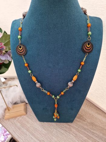 Collier Sautoir Doré Perles Orange Vert Marron