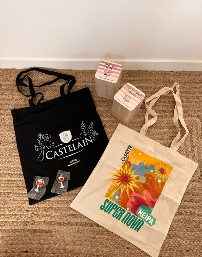 Lot de goodies castelain la cadette Bush Kasteel bière brasserie sac tote bag coton sous verre cabas