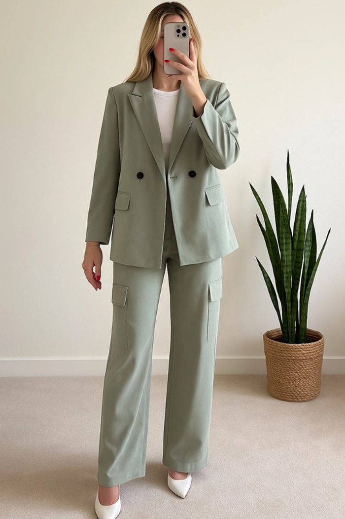 Ensemble blazer + pantalon vert d’eau effet velours Zara taille S Neuf