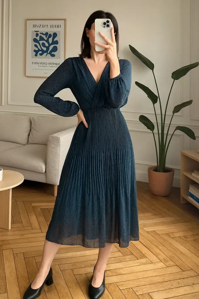 Robe Made in Italy imprimé léopard bleu, manches longues