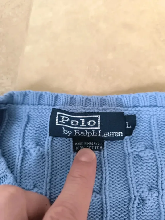 Pull col V torsadé Ralph Lauren L bleu logo marine excellent état - photo numéro 4