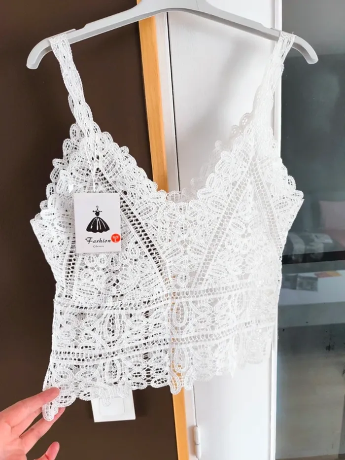 Débardeur blanc crocheté en dentelle femme L - photo numéro 4