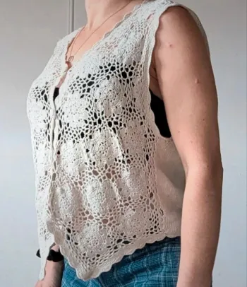 💎haut gilet sans manche crochet blanc crème t M 38 l 40 Debbie Morgan original rare