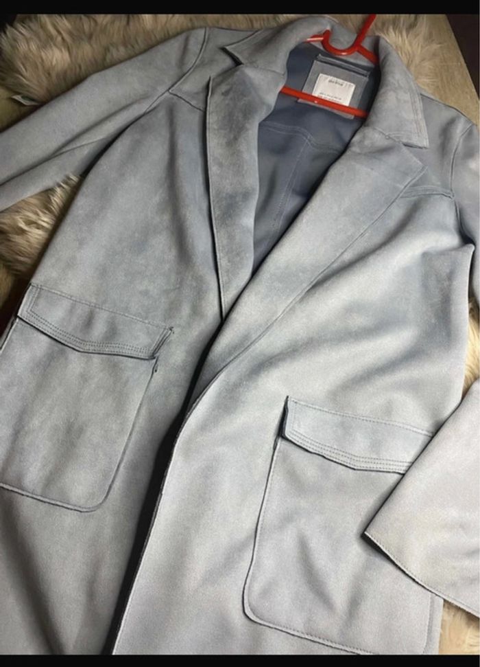 Manteau long tout doux effet velours bleu gris Bershka Taille S / 36