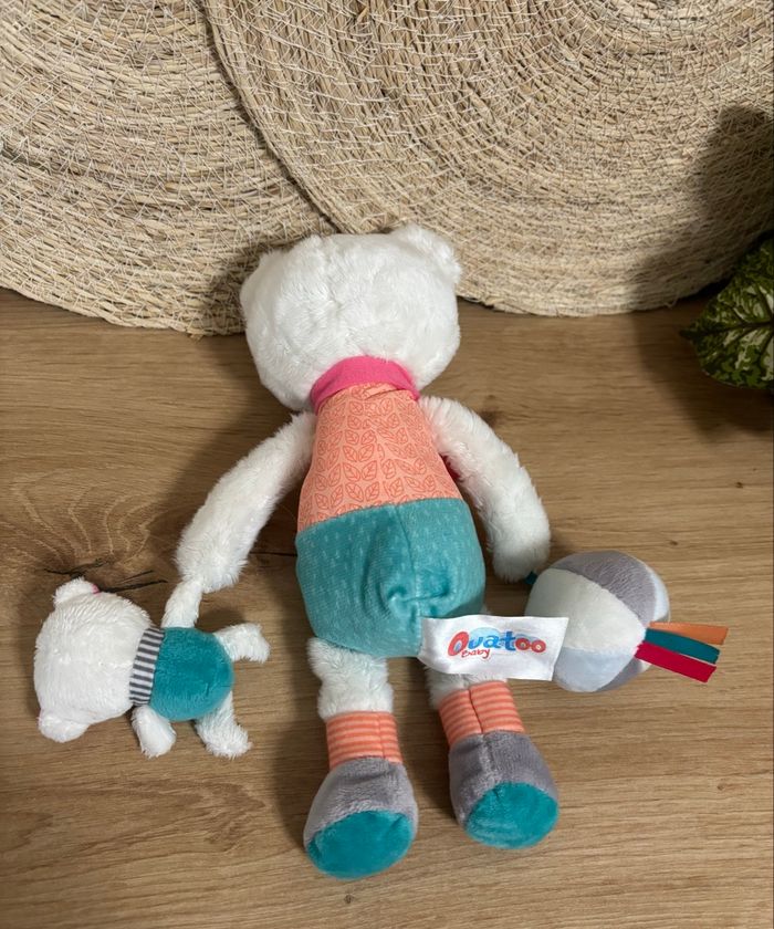 Doudou ours éveil balle grelot blanc orange vert ouatoo baby - photo numéro 3