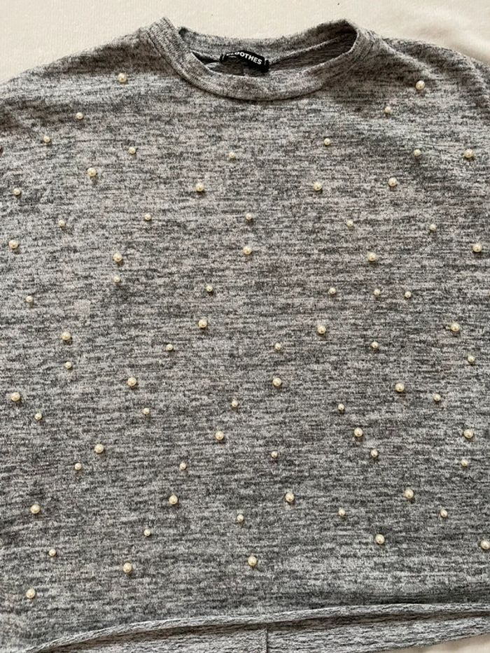 Pull femme gris manches courtes avec perles taille unique - photo numéro 2