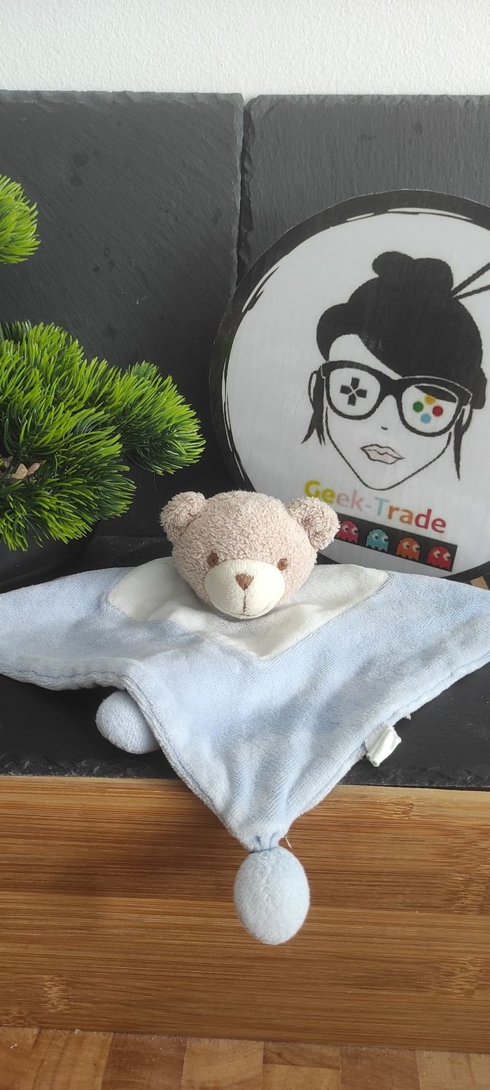 Ours sabiluc carré bleu boule blanc marron beige ancien Ponpon Éponge Doudou