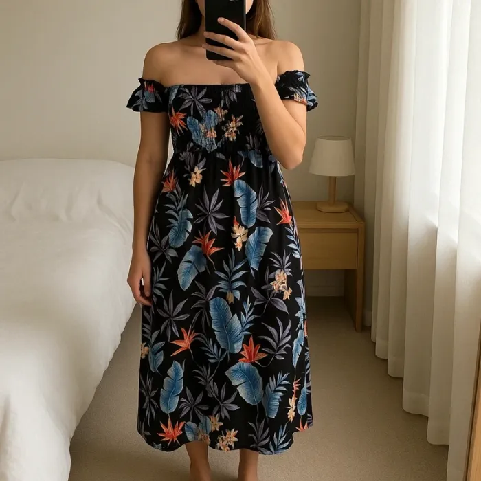 Robe noire longue imprimé fantaisie feuilles de couleurs épaules dénudées Vcode