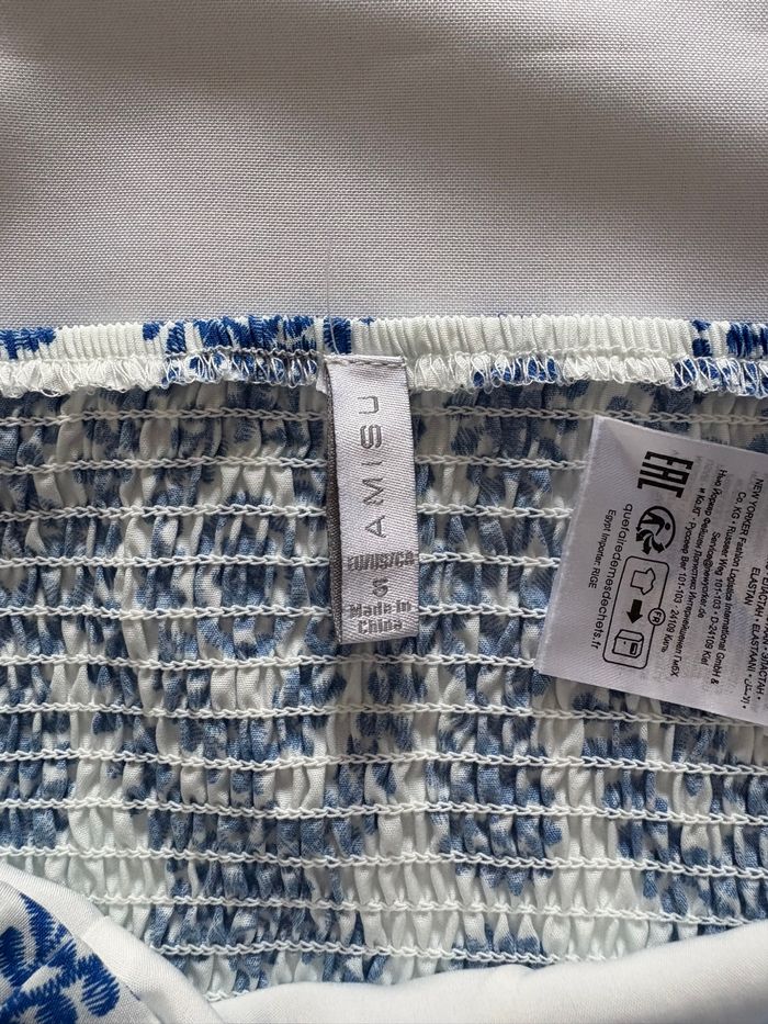 Top blanc à manches longues et épaules dénudées avec motif bleu - Amisu - S/36 - photo numéro 4