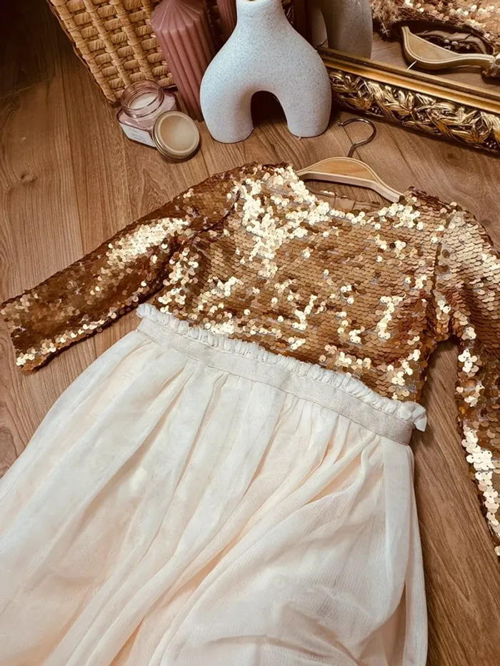 Taille 8 ans Robe longue créateur fille TAO crème bronze * sequins tulle * 💞 - photo numéro 3