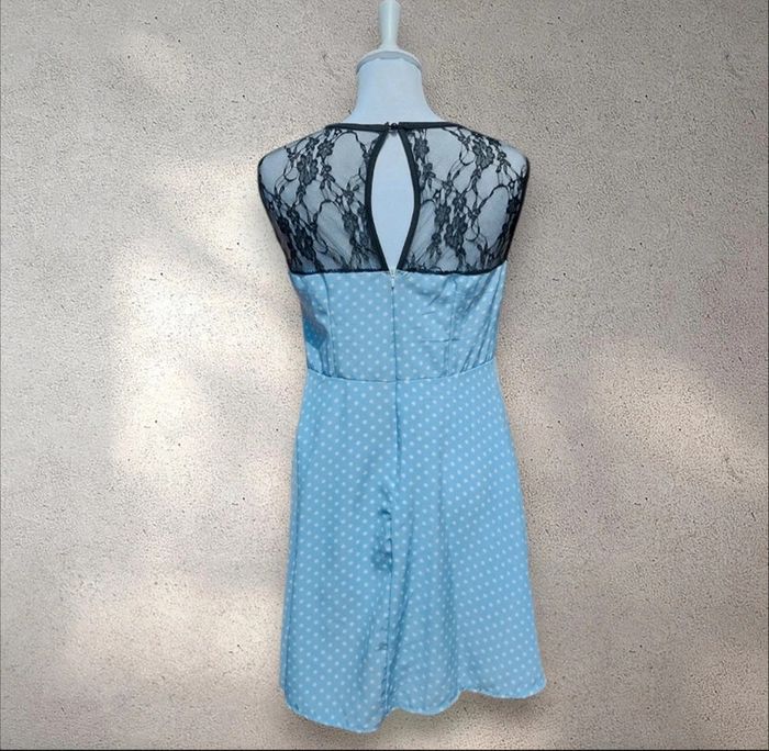 Robe sans manche bleu à pois blanc et dentelle noir style rétro pin-up M - photo numéro 3