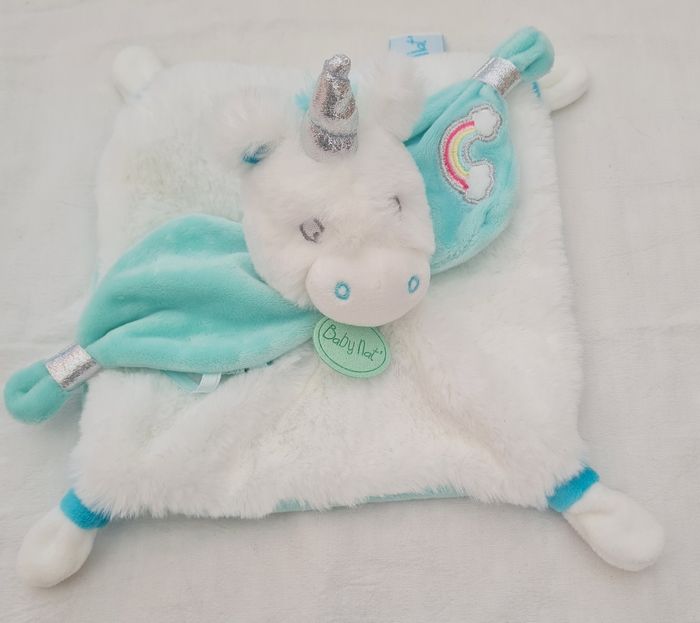 Doudou Licorne carré plat blanc et bleu vert- Poussière d'etoiles