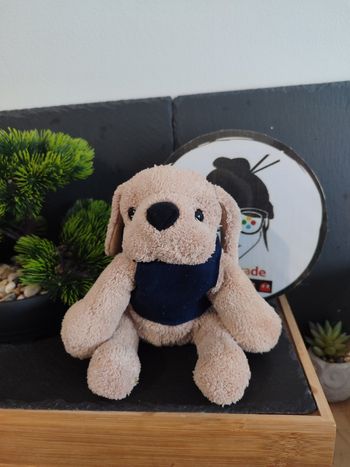 doudou peluche chien marron beige gilet bleu marine P perfectel noir ancien 3463