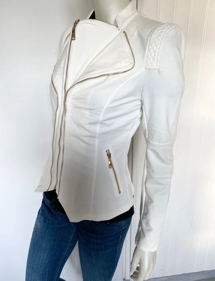 Veste style perfecto – Blanc cassé – Détails dorés – Taille 38/M – Excellent état - photo numéro 3