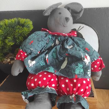 Doudou Peluche l'atelier De Dominique Poupée Chiffon Souris Chat Vert Rouge Pois vintage rar
