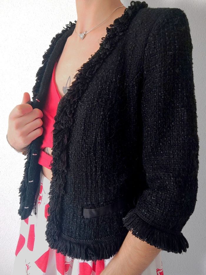 Veste blazer tweed froufrou noir fil argent laine Vintage / Apart - 34/XS ร 36/S - photo numรฉro 5