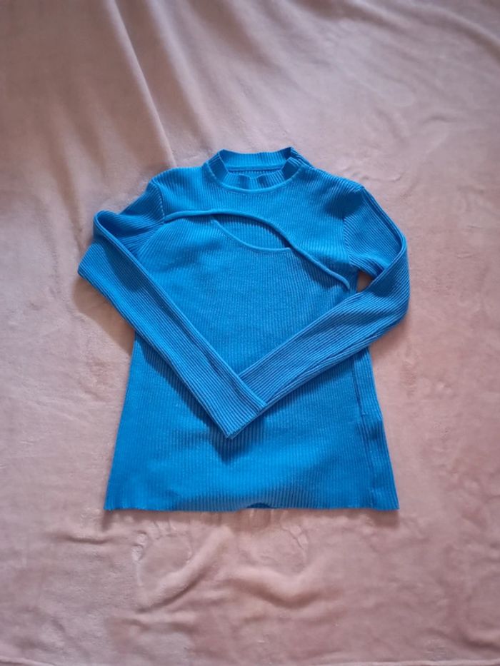 Pull long asymétrique couleur bleu taille M - photo numéro 4