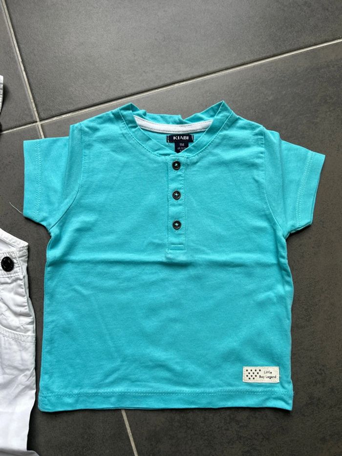 Ensemble 2 articles: salopette blanche et t-shirt col tunisien turquoise bébé garçon - photo numéro 2
