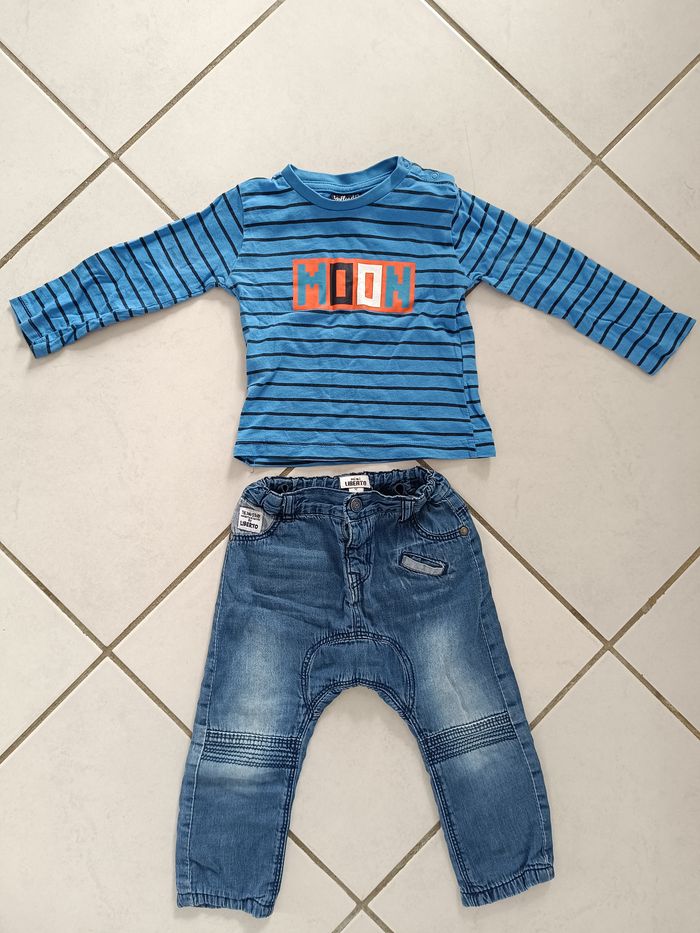 Ensemble garçon bleu jean et haut manches longues 12 mois influx et mini liberto
