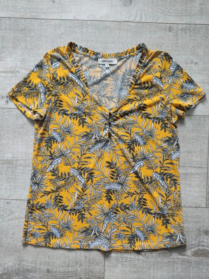 Blouse manches courtes motifs feuilles noir blanc jaune taille M Grain de Malice - photo numéro 5
