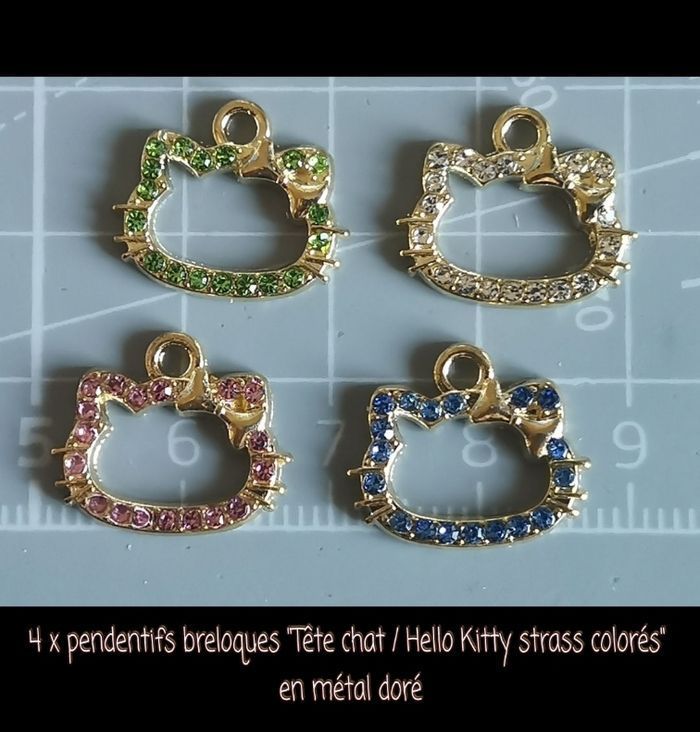4 x pendentifs breloques "Tête chat / Hello Kitty strass colorés" en métal doré