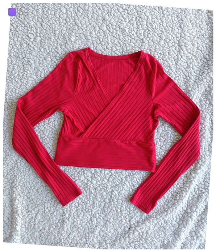 Haut croisé côtelé manches longues moderne pro ajusté stretch sexy rouge