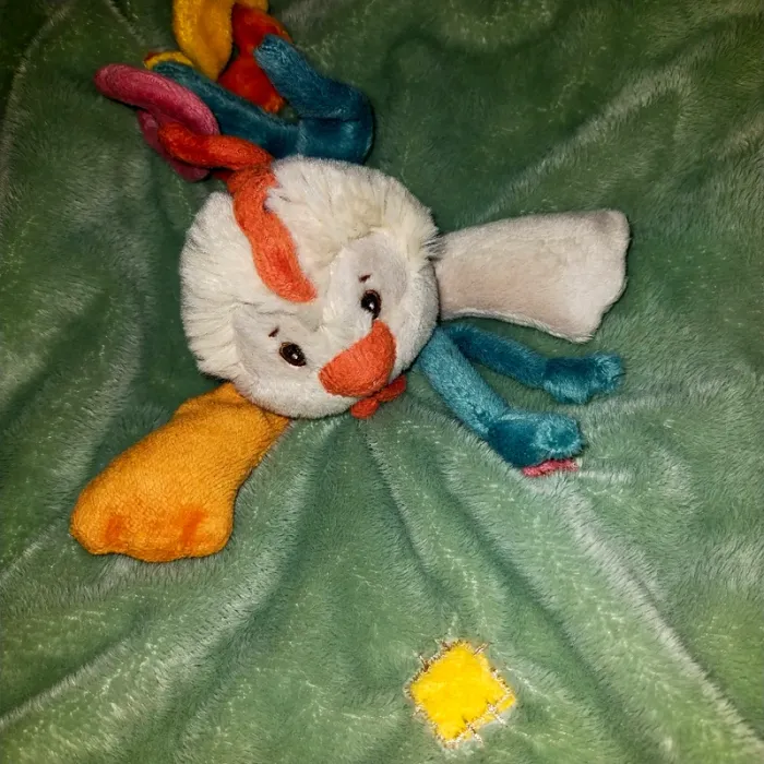 Doudou plat oiseau poule coq bleu vert beige orange Bukowski - photo numéro 2