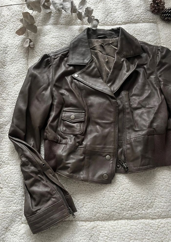 Veste courte cuir véritable marron - photo numéro 3