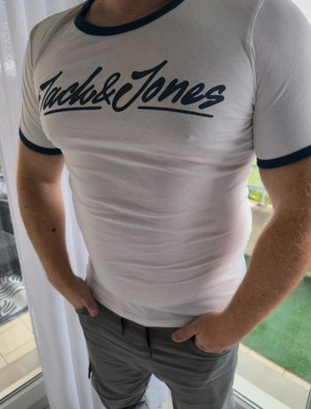 T-shirt Jack & Jones blanc col bleu marine - Taille L