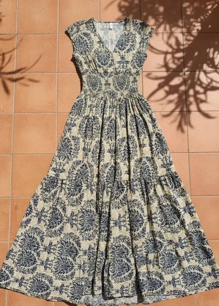 Robe longue bohème imprimée, manches courtes, taille S, fluide chic rétro été