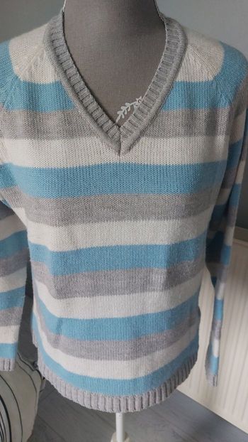 Pull à rayures bleu blanc gris