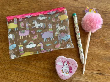 Trousse licorne, crayon, stylo et boîte