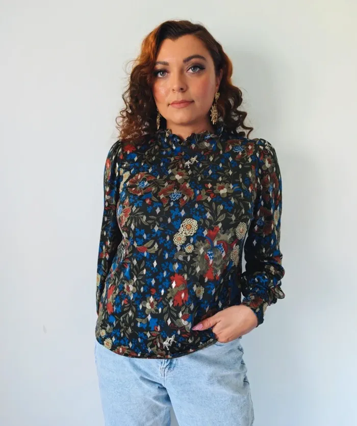 Blouse à manches longues col montant automne casual chic bleu kaki doré cache-cache taille 38 - photo numéro 4