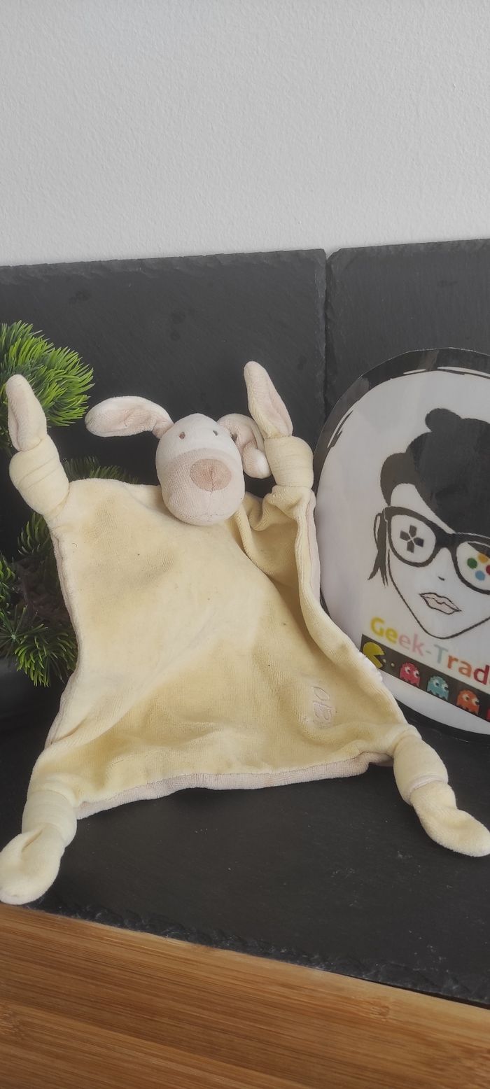 Doudou Plat Chien Beige Jaune Rose Vert Obaibi poche carré ancien Noeuds Marron