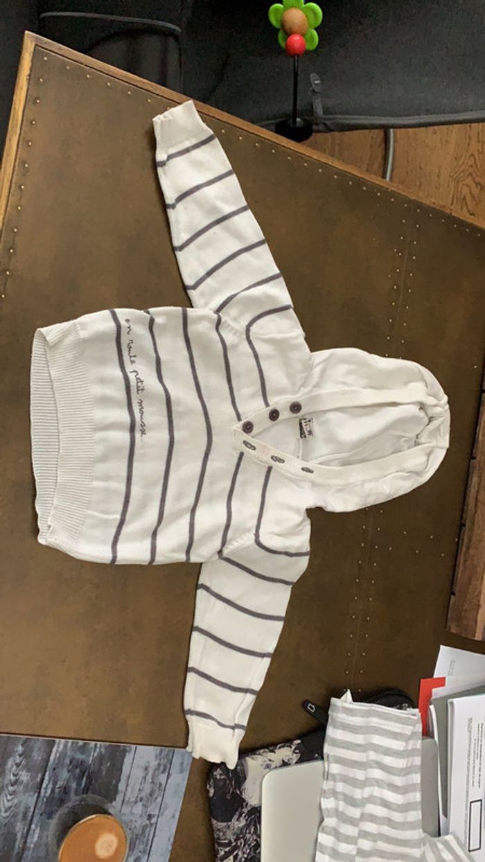 Pull capuche blanc gris en route petit mousse Tape à l’œil 9 mois
