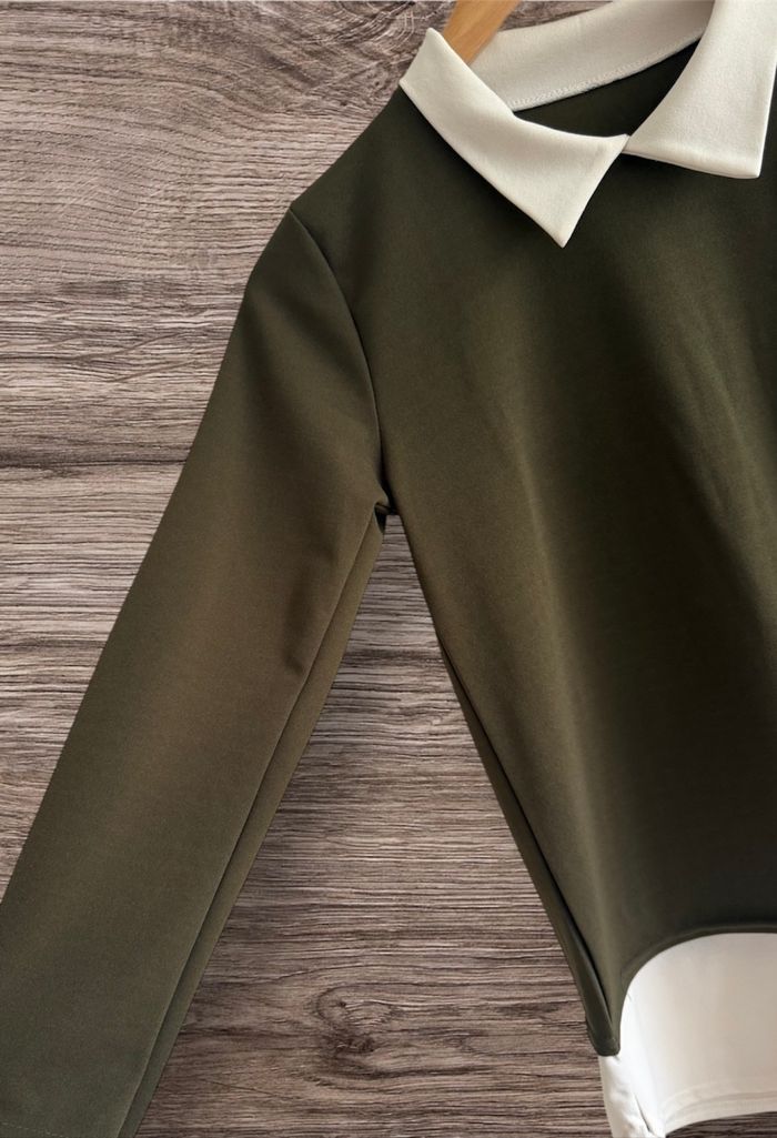 Blouse manches longue kaki blanc avec col taille 36 S - photo numéro 2