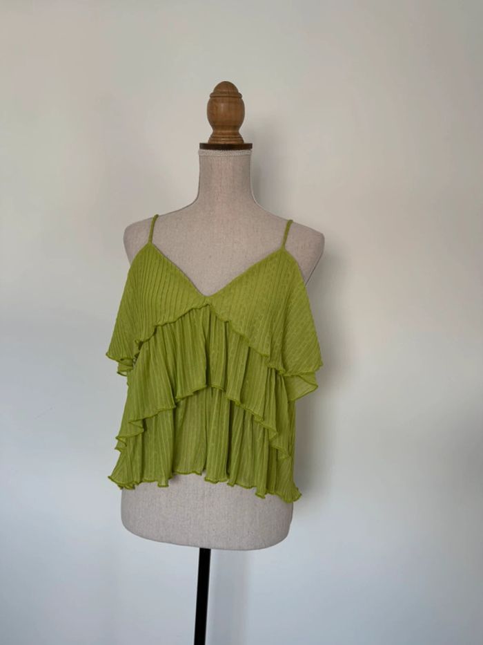T-shirt top bretelles Zara été débardeur volants fluide plissé M vert pomme Haut camisa léger - photo numéro 3