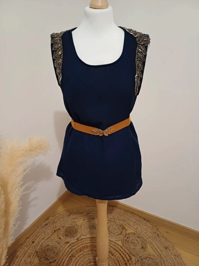 Blouse bleue marine chic avec perles Jayloucy taille XS 34