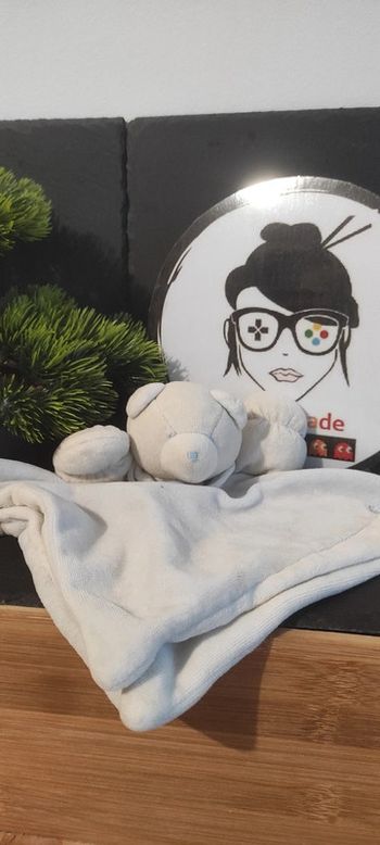 doudou ours jacadi blanc bras ancien vintage bleu Collerette Carré Plat