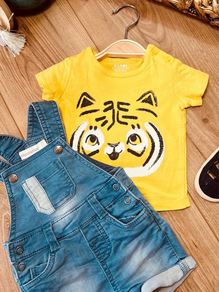 Taille 3 mois ensemble 2 pièces été garçon Orchestra Kiabi jaune et bleu jean * tigre * 💙 - photo numéro 3