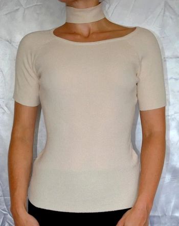 pull fin manches courtes ajusté crème/beige avec ras du cou col montant taille 34/36