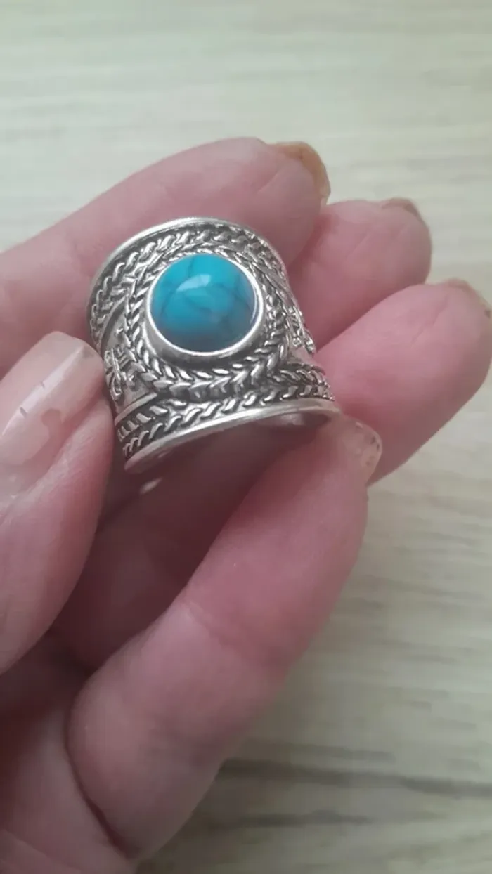 Bague style Bohème, pierre turquoise, réglable - photo numéro 4