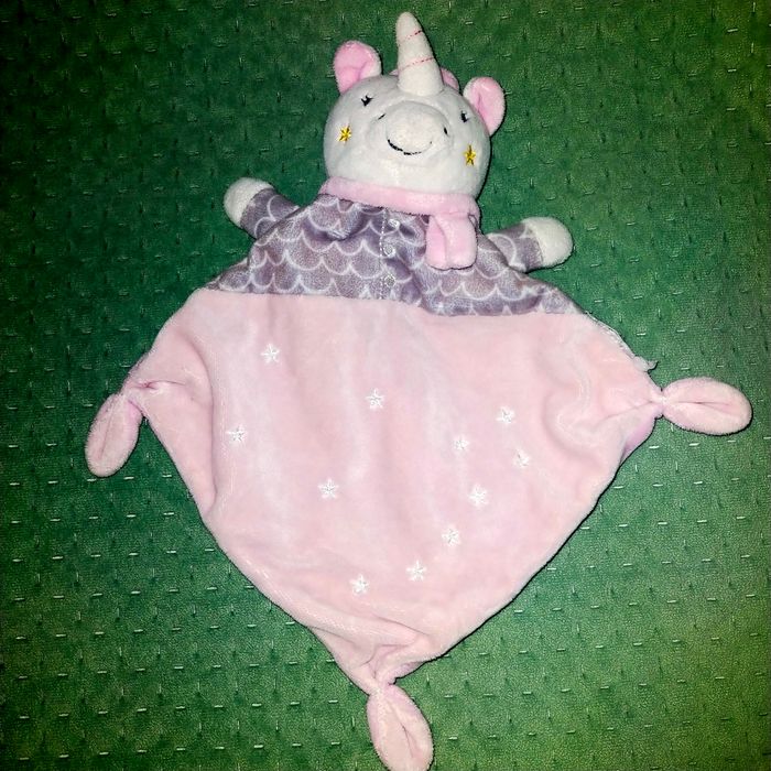 Doudou losange licorne rose et gris étoiles Mots d'enfants
